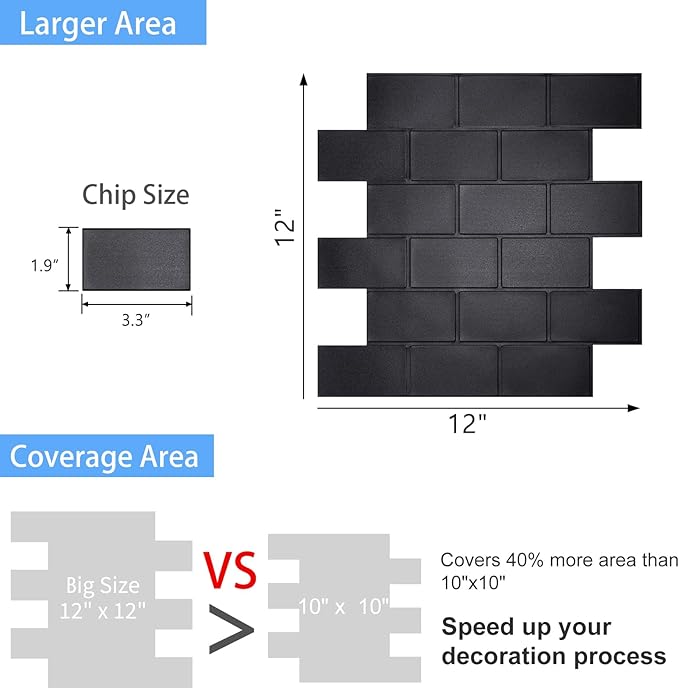 Matte Black Peel and Stick Wall Tiles for Kitchen, WalDecoo 10-Sheet Stick on Backsplash for Bathroom, Large Self-Adhesive Kitchen Backsplash（12''×12''） (Large Subway).