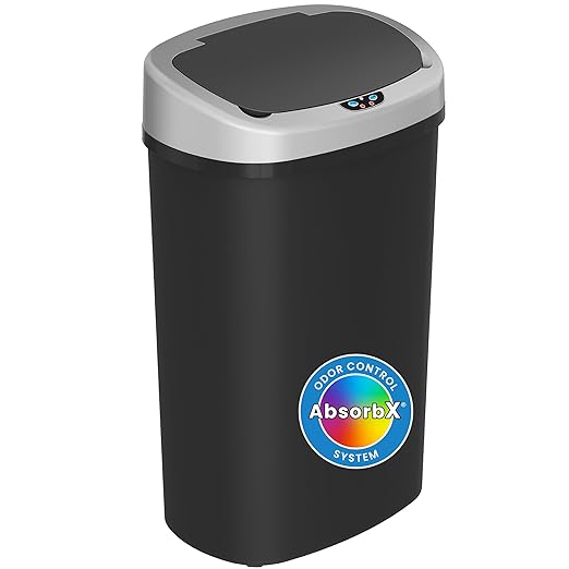 iTouchless 13 Gallon Sensor Kitchen Trash Can with Lid and Odor Filter, Durable Dent-Proof Automatic Waste Basket Garbage Bin Great for Home, Office, Business, Slim Space-Saving, Oval, Black Plastic