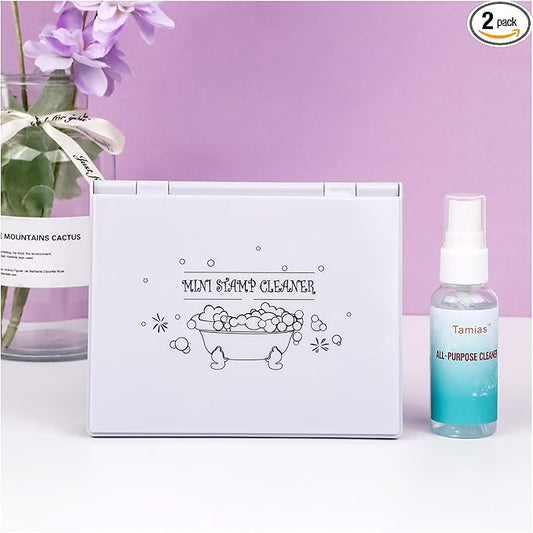 Briartw Stamp Cleaning Kit:White Stamp Scrubber & All-Purpose Stamp Cleaner Spray | Dual-Sided Cleaning Pad for Rubber, Clear, Cling & Foam Stamps | Complete Care for Water-Based & Permanent Inks