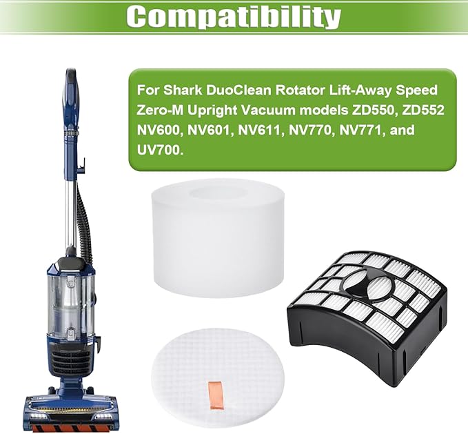 for Shark UV700 Filter Replacement DuoClean Rotator Lift Away Upright Vacuum ZD550 ZD552 NV611 NV600 NV601 NV770 NV771, 2 HEPA Filters + 4 Foam & 4 Felt Filters, Replace Parts XFF600, XHF600