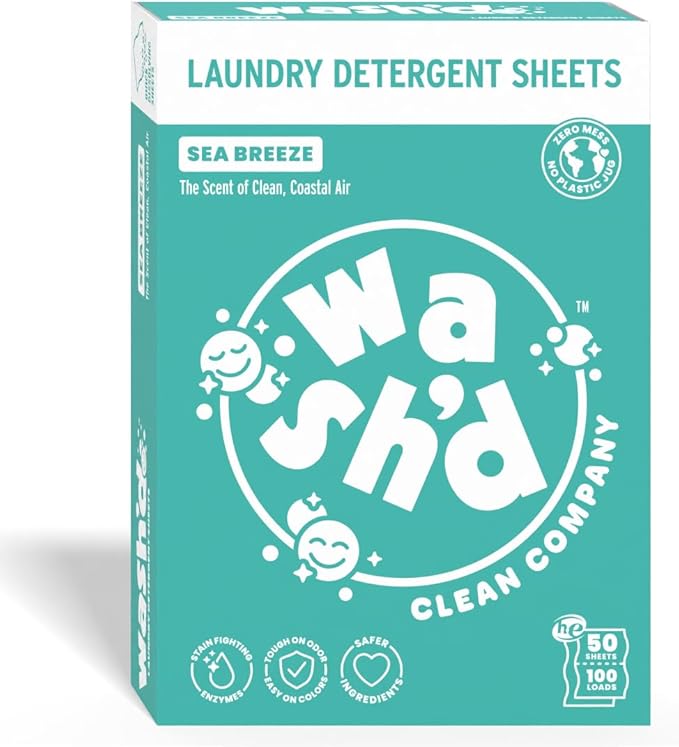 Wash'd Laundry Detergent Sheets - 100 Loads - Non Toxic Stain Fighting Enzymes - Plastic Free Travel Friendly Drawer Box - Sea Breeze
