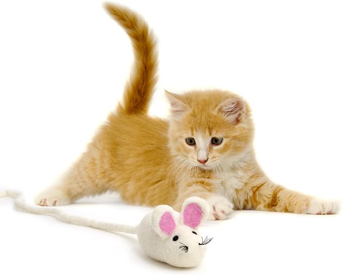Glaciart One Felt Mouse Cat Toy – Soft Fuzzy Enrichment 100% Natural Wool - Interactive Catnip Play Cat Toy Set - Safe for Pets, Non-AZO Colored Dyes - 100” Long