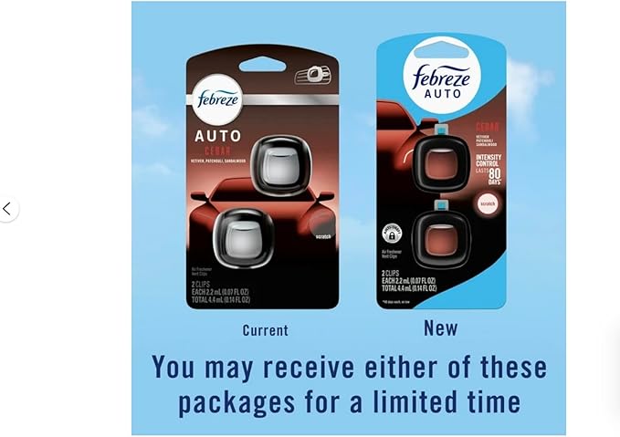 Febreeze Auto Air Freshener Vent Clips, Cedar with Vetiver, Patchouli, Sandalwood Scent, 2 Count, 80 Day Intensity Control