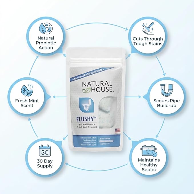 Natural House Flushy - Probiotic Toilet Bowl Cleaner Pods - Septic Safe - Removes Hard Water Stains - Fresh Mint Scent - 20 Pack