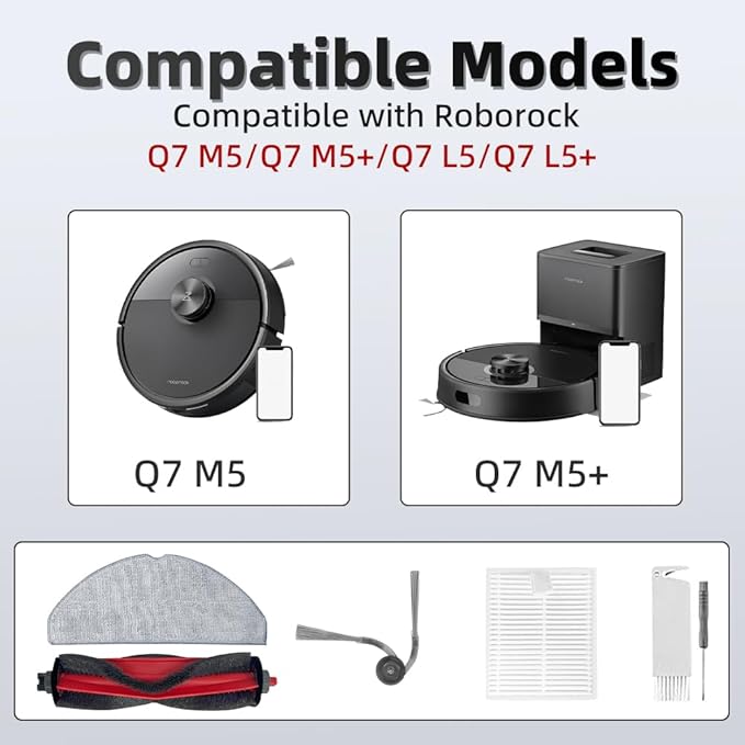 Q7 M5 Accessories Kit Replacement Compatible with Roborock Q7 M5+/Q7 L5/Q7 L5+ Robot Vacuum, 2 Main Brush, 4 Mop Clothes, 6 Side Brushes, 4 Filters, 1 Cleaning Tool