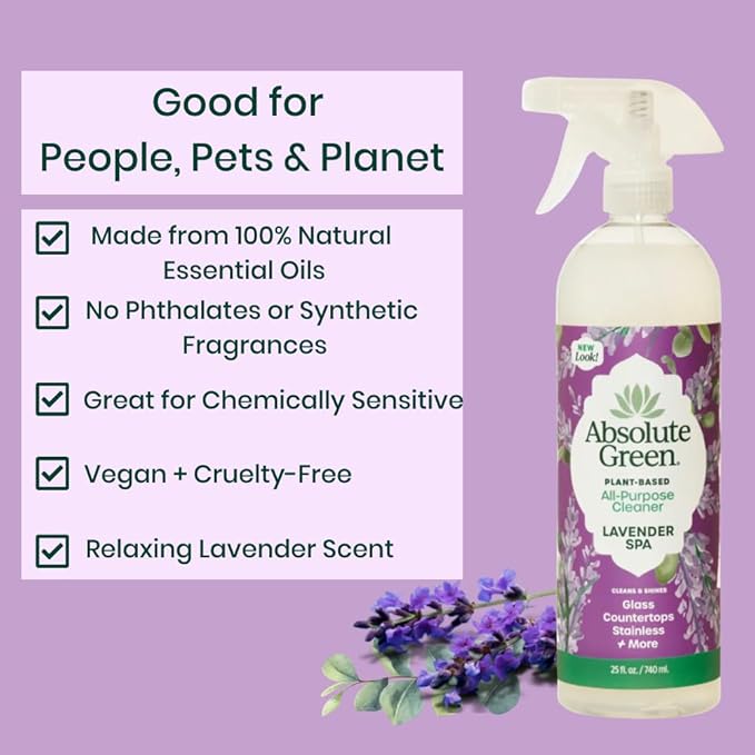 Absolute Green All Purpose Cleaner Spray, Non-Toxic, Kitchen, Bathroom, Countertop, Glass, Stainless, Safe around Kids and Pets, Natural Lavender Spa Scent, 25 oz (1 Pack)