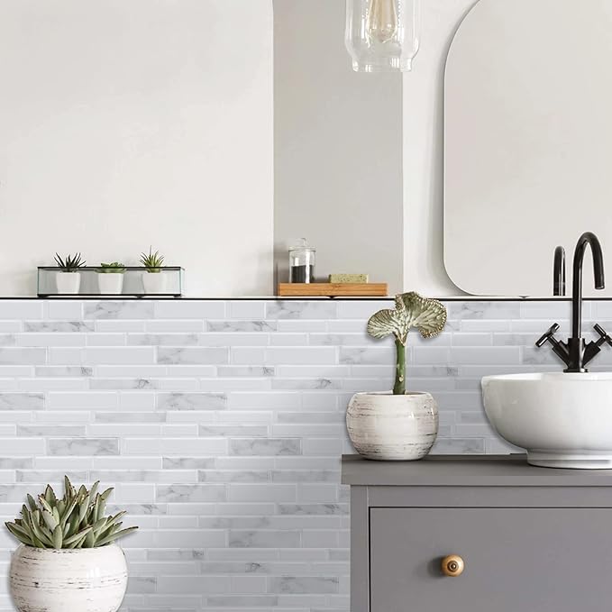 Marble Peel and Stick Backsplash, 10-Sheet Premium 3D Self Adhesive Tiles for Kitchen Stick on Backsplash, Marble Look Decorative Tiles
