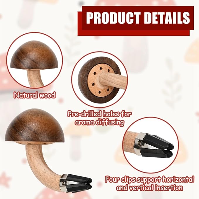 XhuangTech 2 Pack Wood Car Diffusers Vent Clips with Fragrance Pads, Car Air Diffuser Freshener Vent Clip, Natural Wood Air Conditioning Cute Auto Interior Accessories Mushroom Decoration for Cars