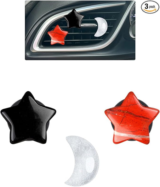 Moon Stars Car Decor,Boho Air Vent Clips,Refillable Car Fresheners,3pcs Natural Crystal Stone Hippie Dashboard Decorations Accessories,Best Wishes for Lover and Friend (Black & Red)