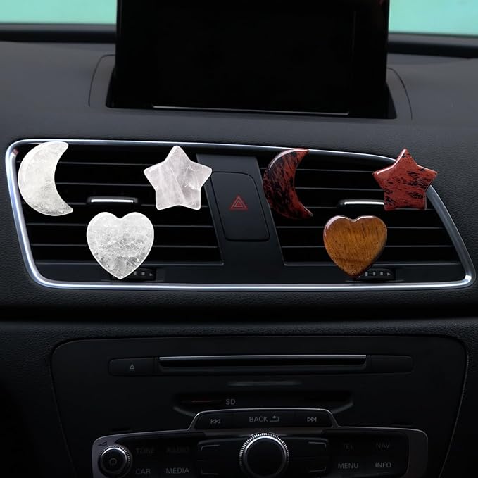 Set of 3 Crystal Stone Car Air Vent Clips, Moon Star Heart Quartz Charm Car Air Freshener Clip, Air Conditioning Outlet Clip, Cute Car Interior Decoration Accessories for Men Women (Brown, Unscented)
