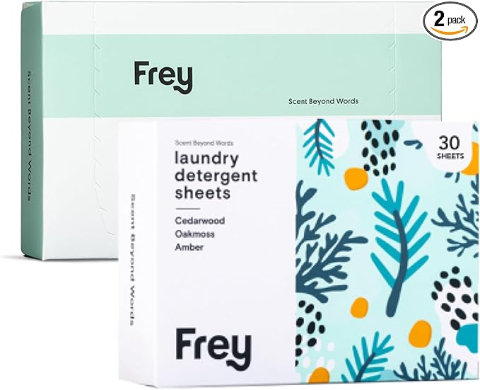 FREY Laundry Detergent & Dryer Sheets Bundle | 60 Count | Plastic Free | Liquidless Full Wash Solution | Soft Fresh Clothes (Cedar Grove)