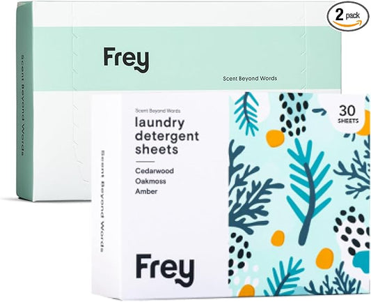 FREY Laundry Detergent & Dryer Sheets Bundle | 60 Count | Plastic Free | Liquidless Full Wash Solution | Soft Fresh Clothes (Cedar Grove)