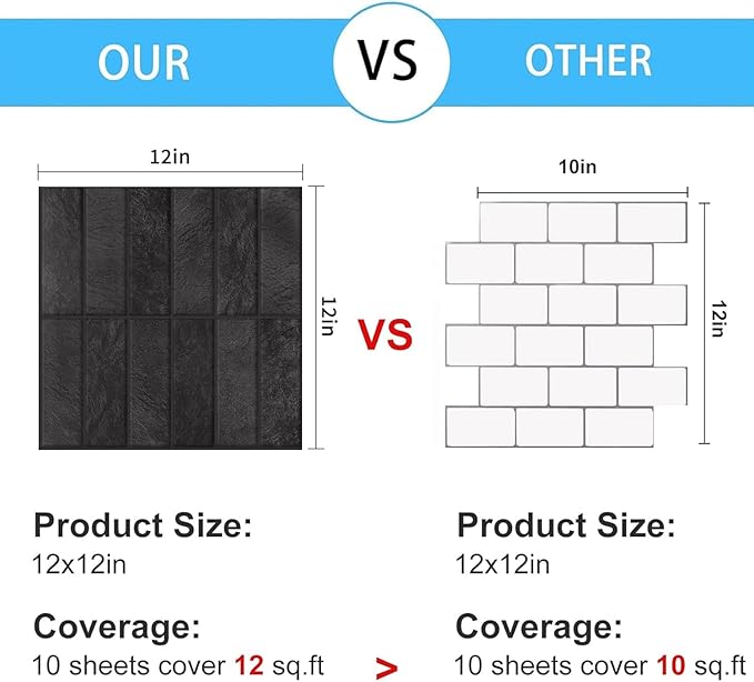 Peel and Stick Tile，New Upgrade Thicker Design Self Adhesive 12" x 12" Large Premium Peel and Stick Backsplash for Kitchen (Ash Black)