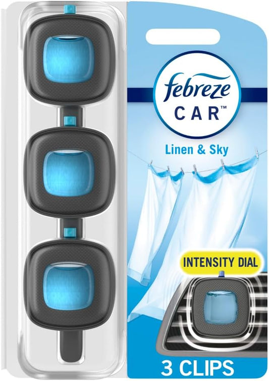 Febreze Car Air Freshener, Odor-Fighting Automotive Vent Clip, Linen & Sky Scent, 3 Count