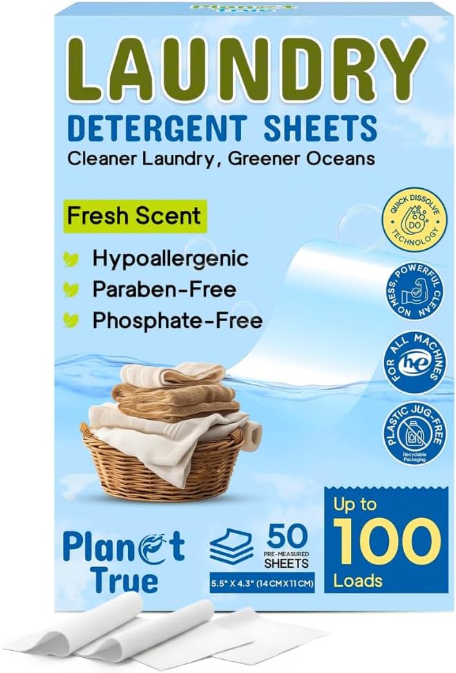 Eco-Friendly Laundry Detergent Sheets, 100 Loads (50 Sheets) Fresh Scent, Concentrated Laundry Sheet Detergent, Quick-Dissolve Plastic-Free Washing Detergent Sheet for Home & Travel