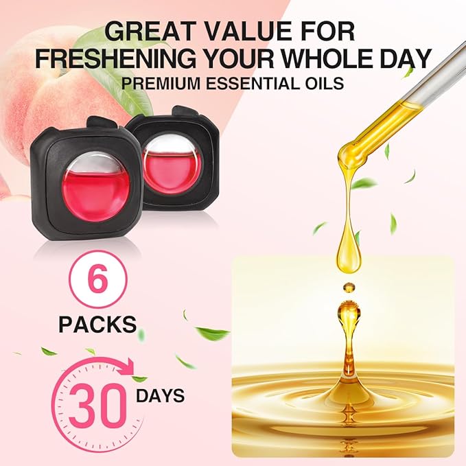Honey Peach Scent Car Air Freshener Vent Clip, 6 Count Long Lasting Up to 180 days, Natural Essential Oil Car Fragrance for Women and Men, Odor Eliminator - 4ml Each