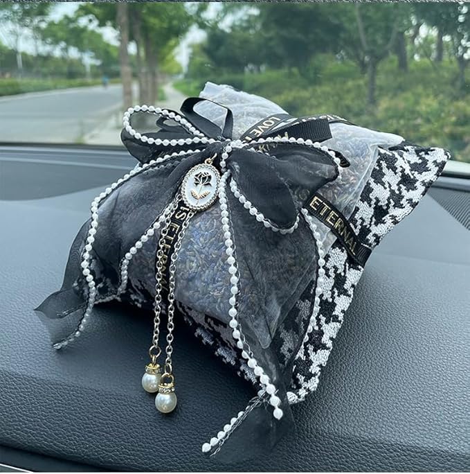 Car Accessories — Houndstooth Bamboo Charcoal Air Purifying Bag with Cotton Fabric & Natural Charcoal Classic Plaid Design for Car Interior, Home & New Vehicles (Black Double-Layer)