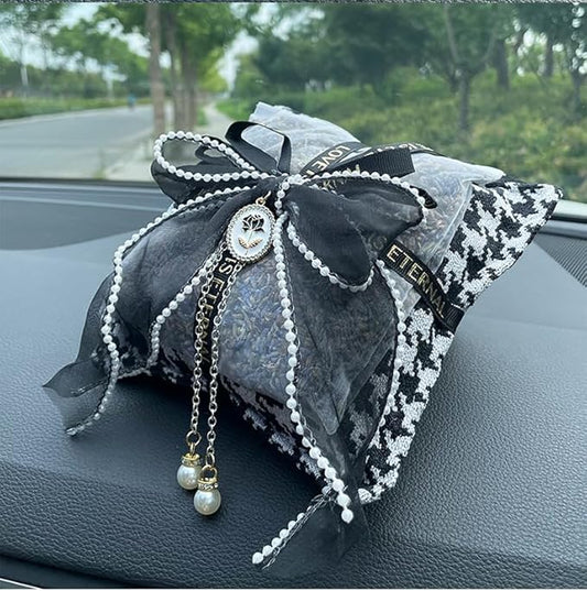 Car Accessories — Houndstooth Bamboo Charcoal Air Purifying Bag with Cotton Fabric & Natural Charcoal Classic Plaid Design for Car Interior, Home & New Vehicles (Black Double-Layer)