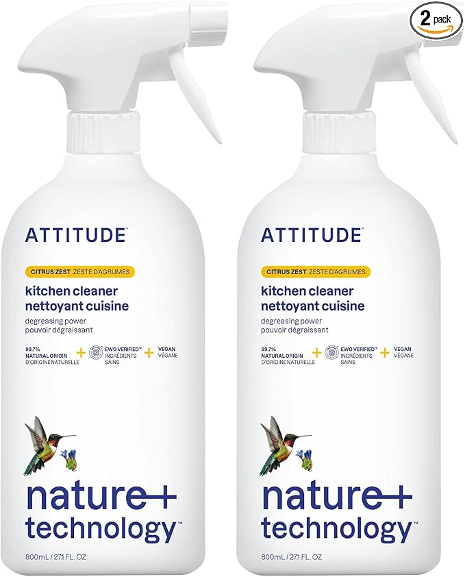 ATTITUDE Kitchen Cleaner Spray, EWG Verified, Powerful Degreaser, Cuts Grease & Grime, Plant-Based & Vegan, Citrus Zest Scent, 27.1 Fl Oz (Pack of 2)