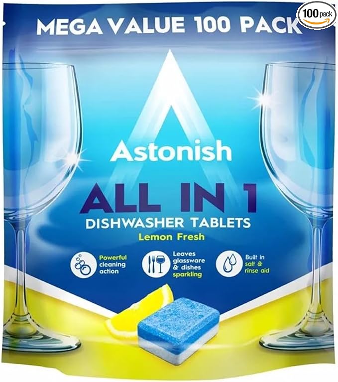 Astonish All In 1 Dishwasher Tablets - Household Cleaner Removes Grease, Grime, & Surface Stains - Dishwasher Soap with Salt & Rinse Aid, Cruelty Free Dishwasher Detergent, Lemon Fresh, 100 Pack