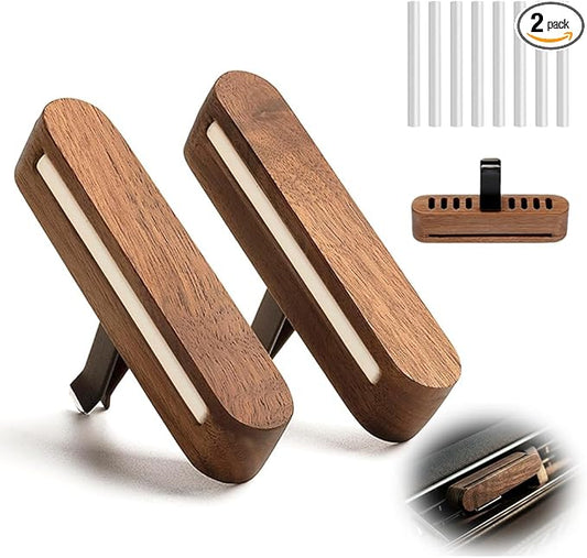 2 Pack Natural Walnut Wood Car Vent Clip Air Freshener, Refillable Aroma Diffuser with 8 Absorber Sticks, Elegant Design for Auto, Home, Office