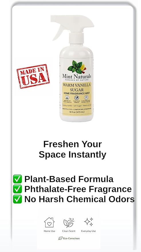 Natural Warm Vanilla Room Spray & Odor Eliminator – Cozy Vanilla Sugar Fragrance Mist That Helps Refresh Indoor Air, 16 oz – Made in USA by Mint Naturals