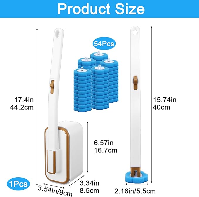 Disposable Toilet Brush with 54 Pcs Refill Heads and Holder– Includes Storage Caddy&Toilet Bowl Wand, Wall-Mount Scrubbing Toilet Brush Bathroom Cleaning Kit (1 Wand & 54 Refills)
