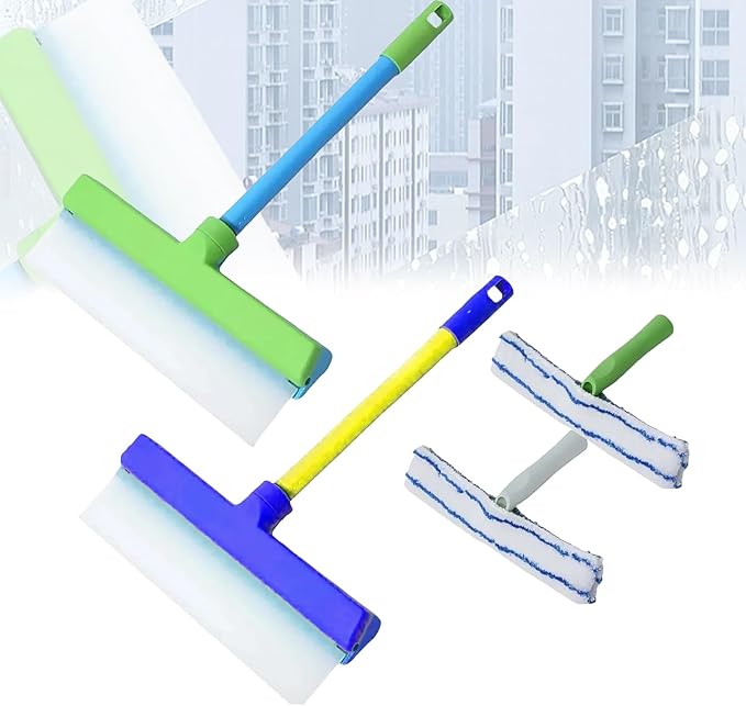 AquaSwipe Window Squeegee, Aqua Swipe Window Cleaner, Recyclable Silicone Window Squeegee Kit with Microfiber Scrubber, Glass Cleaning Tools for Shower Glass Mirror, Car(Blue+Green)