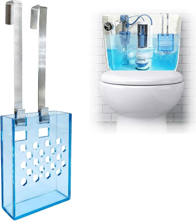 Toilet Tank Cleaning Tablet Holder with Adjustable Stainless Steel Hook – Hanging Dispenser Carrier for Toilet Bowl Cleaners – Prevents Residue Buildup and Tank Damage (Sky Blue, Trumpet)
