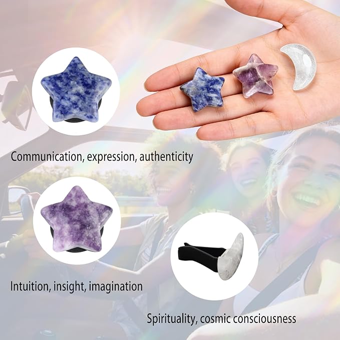 Moon Stars Car Decor,Boho Air Vent Clips,Refillable Car Fresheners,3pcs Natural Crystal Stone Hippie Dashboard Decorations Accessories,Best Wishes for Lover and Friend (Blue & Purple)