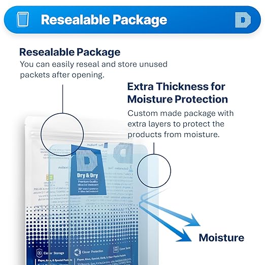 Dry & Dry 50 Gram [5 Packets] Silica Gel Packets Desiccants, Silica Packets - Rechargeable Moisture Absorbers for Food Storage, Electronics, 3D Filament & Safes