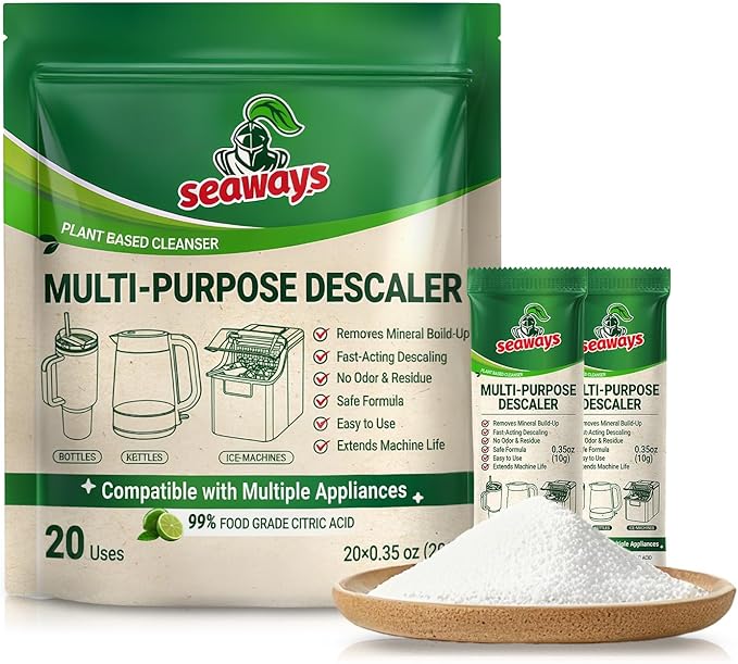 Multi-Purpose Descaler and Cleaner Powder(20-Uses) for Ice Maker Machine, Kettle, Tumbler, Bottles, Coffee Machine, Faucets, Shower Head, Limescale and Build-Up Remover, 20*0.35 oz (1 Packs)