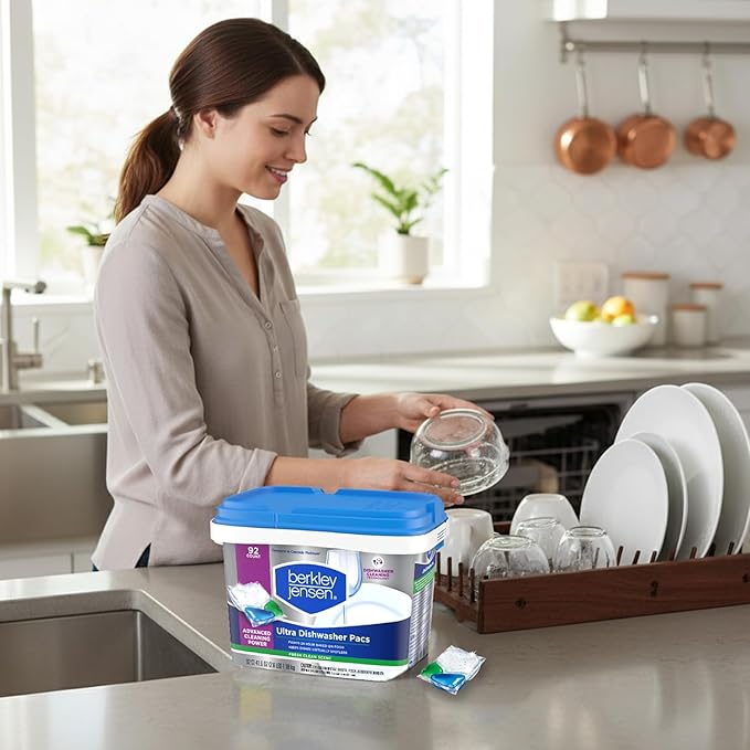 Berkley Jensen Ultra 4-in-1 Dishwasher Detergent Pacs, 92 Count Tub (Pack of 1) - Powerful Degreasing Dishwasher Pods with Fresh Clean Scent - Fights 24-Hour Baked-on Food - Fits Most Dishwashers