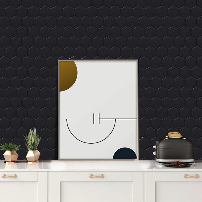 Matte Black Hexagon Peel and Stick Wall Tiles for Kitchen, Large Design 10-Sheet Stick on Backsplash for Bathroom, Kitchen, RV, etc（12''×12''）.
