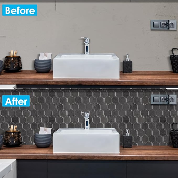 10-Sheet Hexagon Peel and Stick Backsplash for Kitchen, New Upgrade Premium Extra Thicker Design 3D Self Adhesive Wall Tiles, Large Stick on Tiles for Kitchen and Bathroom (12" x 12")