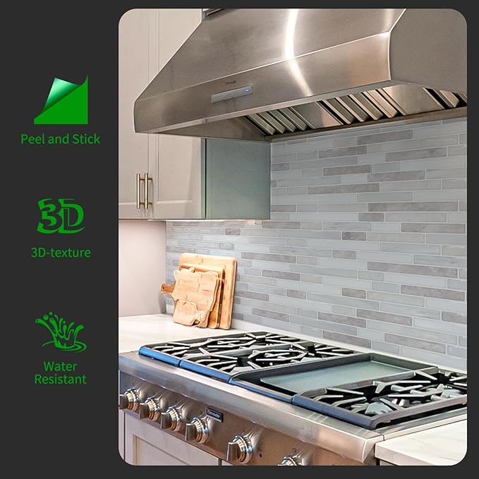 LONGKING 10 Sheet Marble Peel and Stick Backsplash for Kitchen,Self-Adhesive Tile Backsplash for Kitchen, Bathroom, 12in x 12in, (Beige & White)