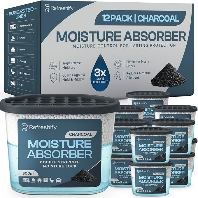 Premium Moisture Absorbers and Dehumidifier Tubs – High-Efficiency Closet Dehumidifier and Dehumidifier for Car, Odor Control Charcoal, 12 Pack, 7.5 Oz