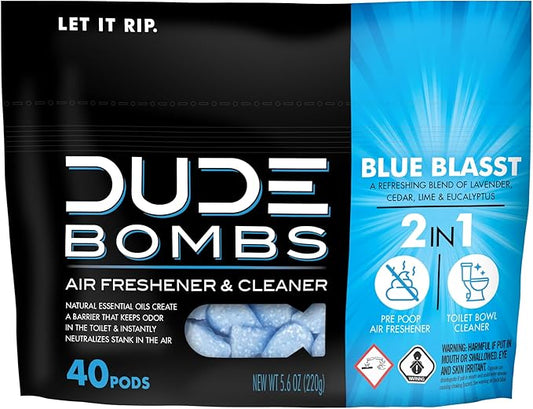 DUDE Wipes DUDE Bombs Toilet Stank Eliminator - 2-in-1 Air Freshener and Toilet Bowl Cleaner - 1 Pack (40 Pods) - Deodorizing Blend of Lavender, Cedar, Lime, and Eucalyptus