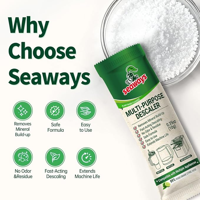 Multi-Purpose Descaler and Cleaner Powder(20-Uses) for Ice Maker Machine, Kettle, Tumbler, Bottles, Coffee Machine, Faucets, Shower Head, Limescale and Build-Up Remover, 20*0.35 oz (1 Packs)