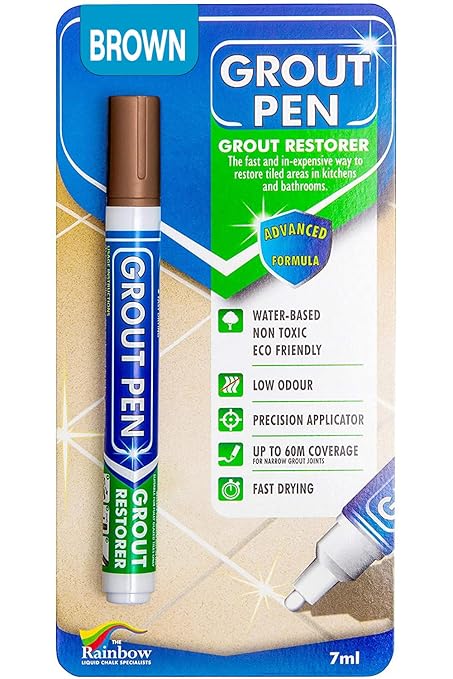 Grout Pen Brown Tile Paint Marker: Waterproof Grout Paint, Tile Grout Colorant and Sealer Pen - Brown, Narrow 5mm Tip (7mL)