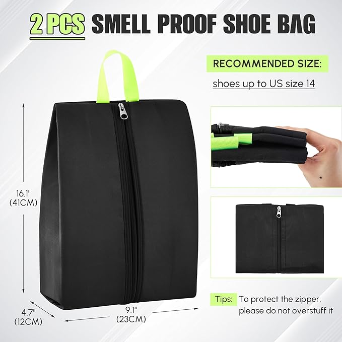 2 Pcs Smell Proof Cleat Bag for Sports, 4 Layer Odor Absorbing Soccer Football Baseball Golf Shoe Bag, Waterproof Mud Resistant Shoe Storage Pouch Fits up to Size 14 (Black,Red)