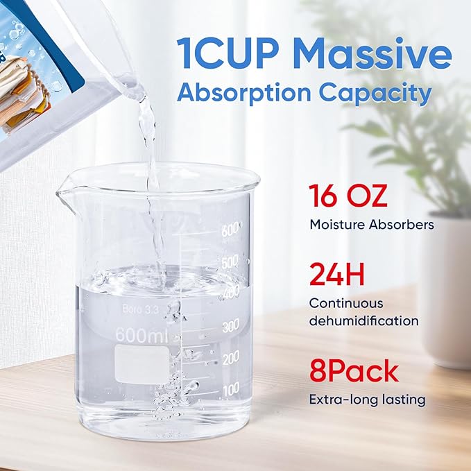 8 Pack Moisture Absorbers, 16 OZ Humidity Absorber Bucket, Moisture Absorbers for Closet, Dehumidifier Bucket for Wardrobes, Kitchens and Bathrooms, Fragrance Free Humidity Absorber