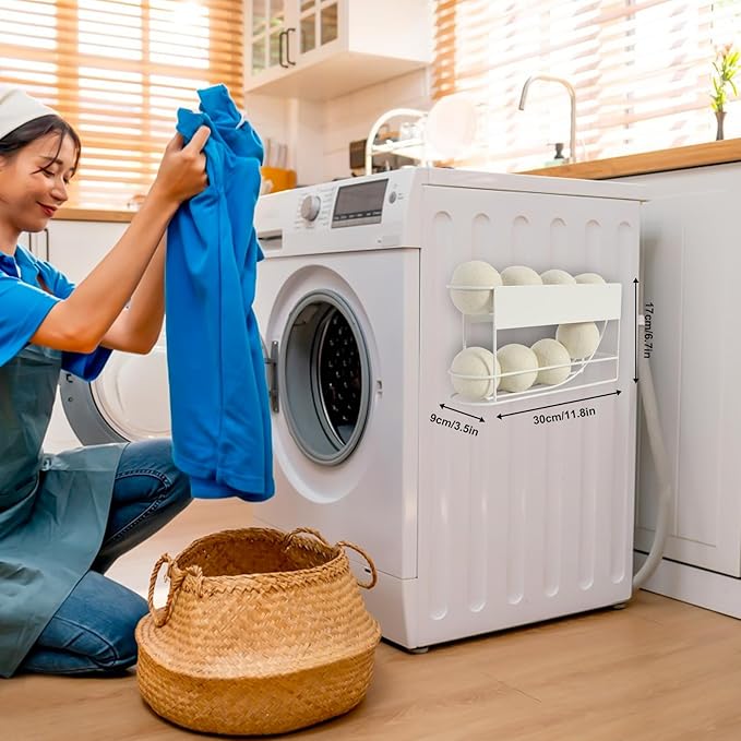 Magnetic Dryer Ball Holder for Laundry Room, Wool Dryer Ball Container, White Laundry Ball Basket, Wool Dryer Ball Container, Dryer Ball Organizer for Washing Machine Side Storage (No Balls)