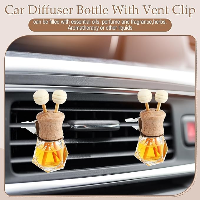 Zubebe 90 Pack 8 ml Diamond Essential Oil Diffuser Bottle Bulk Car Air Freshener Vent Clip Auto Perfume Vent Diffuser for Aromatherapy Fragrance Ornament Decor, Glass Bottle with Wooden Caps Stick