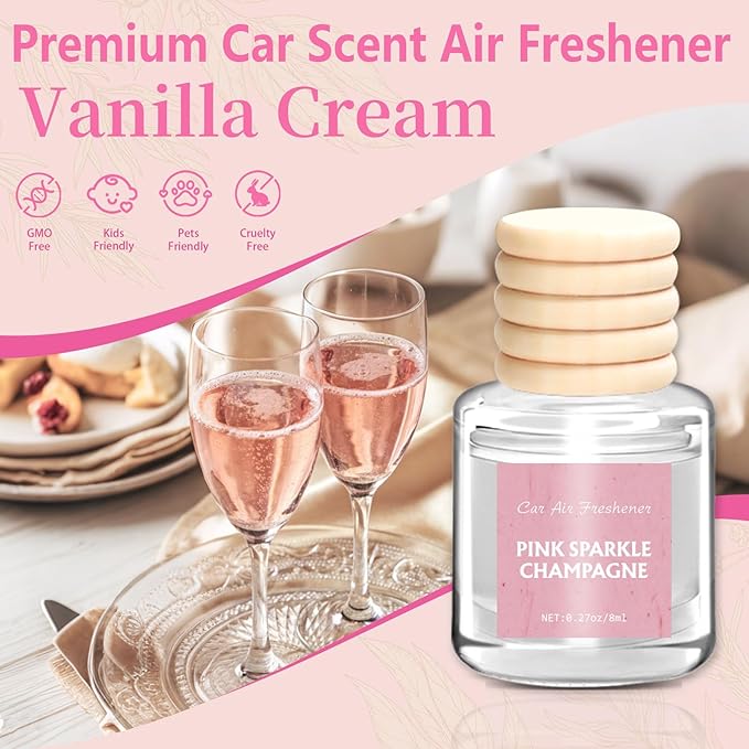 AROIC Car Air Freshener - Pink Sparkle Champagne Fragrance, 6 Pack Long Lasting Essential Oil Fragrance Diffuser, Hanging Cute Automotive Perfumes Interior Decor, Pink Car Accessories for Women & Men