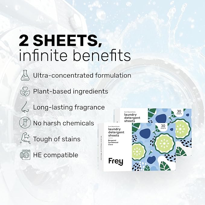 FREY Laundry Detergent Sheets – Bergamot Beach Scent | Plant-Derived | 60 Sheets (Pack of 2)