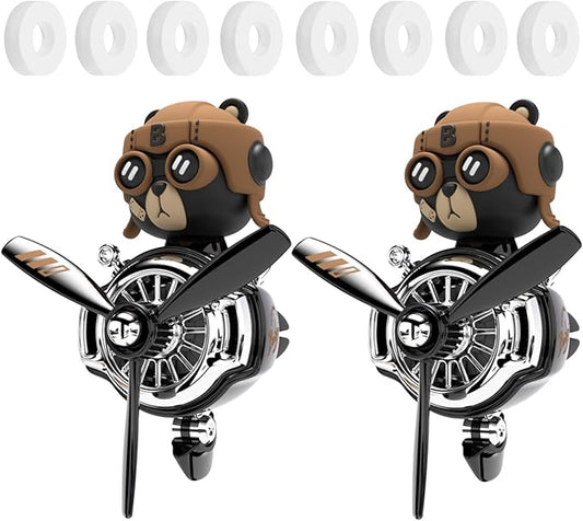 2Pcs Car Air Fresheners, Cute Bear Pilot Automotive Air Outlet Creative Car Perfume Diffuser, Automotive Accessories Air Vent Decoration with 8 Fragrant Tablets (Black 5+Black 5)