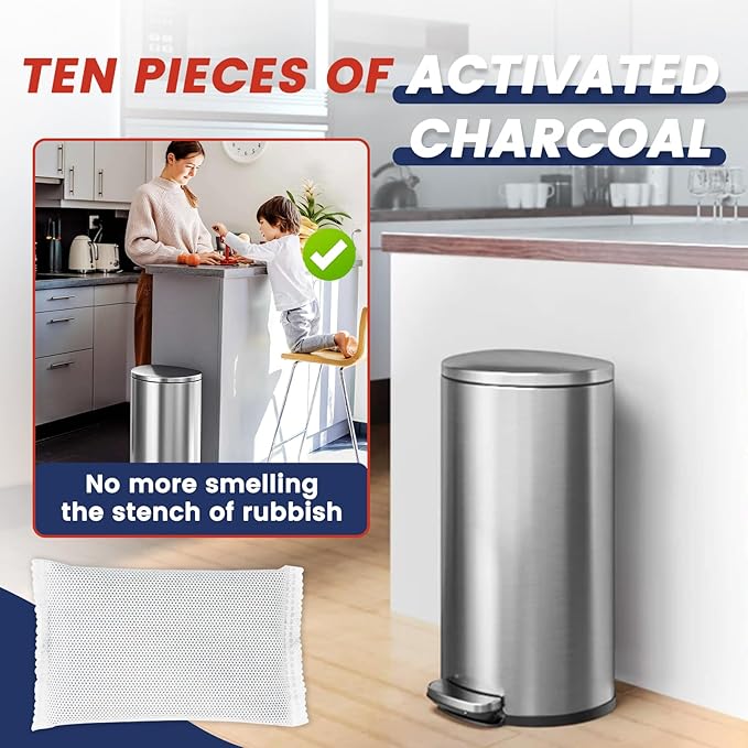 10 Pack (1.2Pounds) Activated Charcoal Odor Absorber Filter Refills for iTouchless Trash Cans. Trash Can Odor Filter-Charcoal Odor Absorbing Bags, Each 4-Pack Fits an 8-gallon or Larger Trash Can