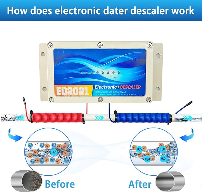 Whole House Electronic Water Descaler, Salt Free Hard Water Conditioner, Reduces Limescale and Rust Buildup, Easy Installation, Chemical Free Solution for Whole House
