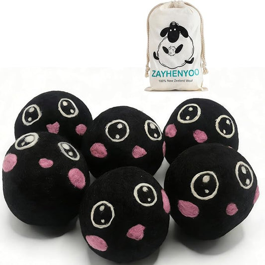 Dry Balls, Black Wool Dryer Balls Laundryer Balls for Dryer Premium 6-Pack New Zealand Wool Save Drying Time by 30%, Eliminate Static Cling, Reusable & Eco-Friendly Chemical Free